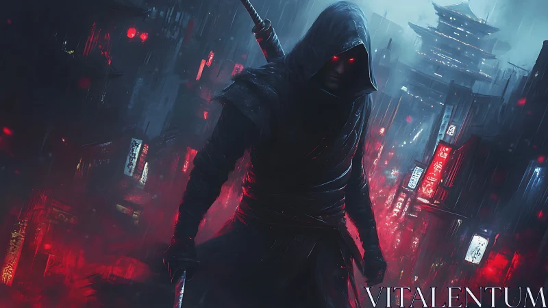 Cyberpunk hooded assassin in neon drenched rain cityscape.