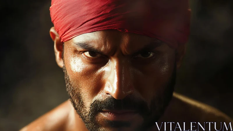 Storm-eyed warrior stares down darkness in molten light.