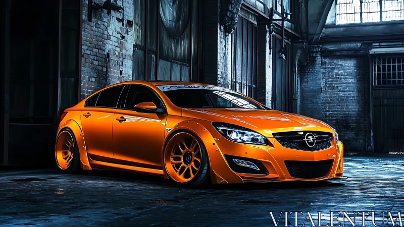 Widebody orange sports sedan in abandoned brick warehouse setting