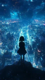 Starlit city dreams with a lone silhouette on the edge.