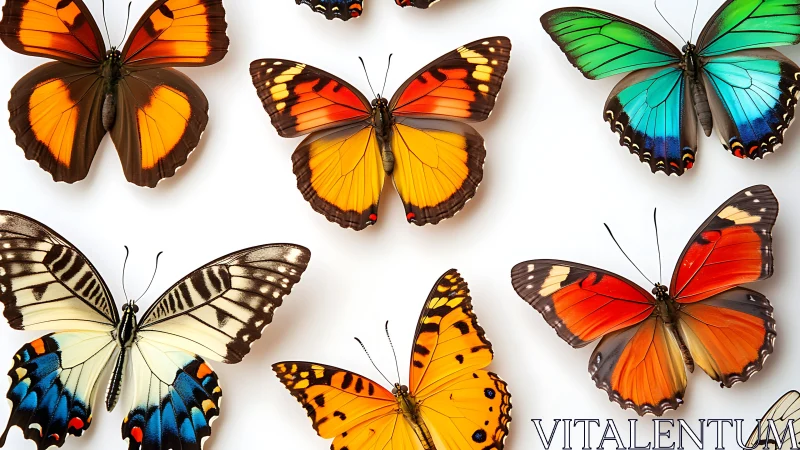 Colorful butterfly specimens arranged on clean white.