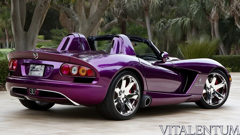 Deep violet roadster parked under lush tropical trees.