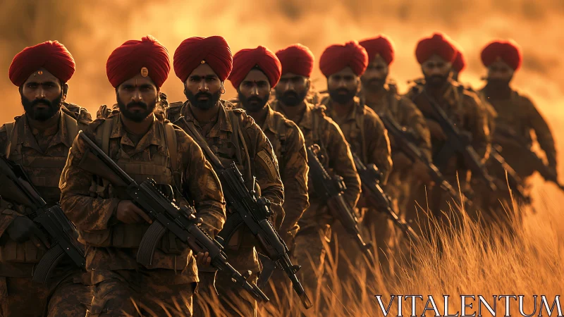 Scarlet turbans advance through sunset brass fields.