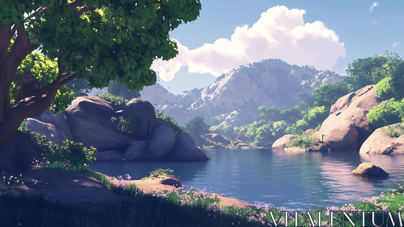 Sunlit mountain cove cradling a mirror-still blue lake.