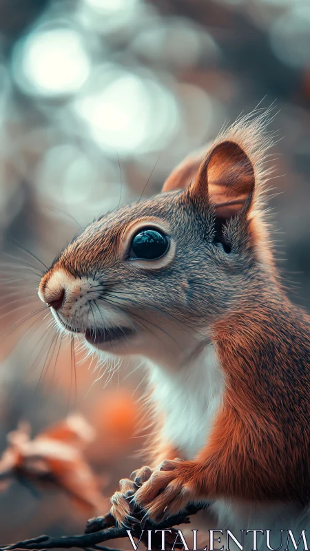 Bright-eyed autumn squirrel wrapped in bokeh forest magic.