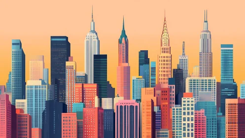 Urban high-rise skyline under uniform warm gradient sky.