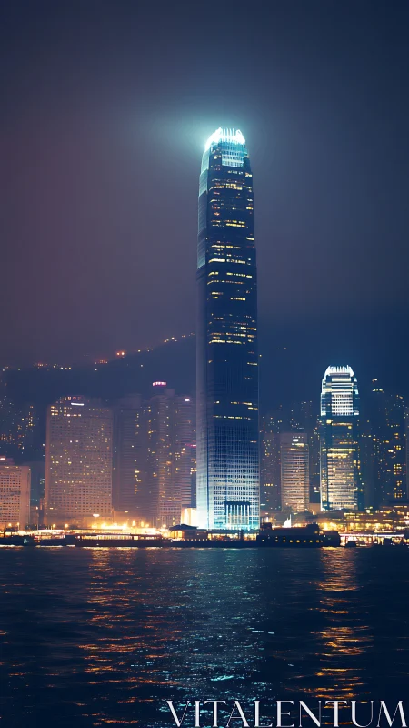 Skyscraper beacon rises above misty harbor skyline at night.