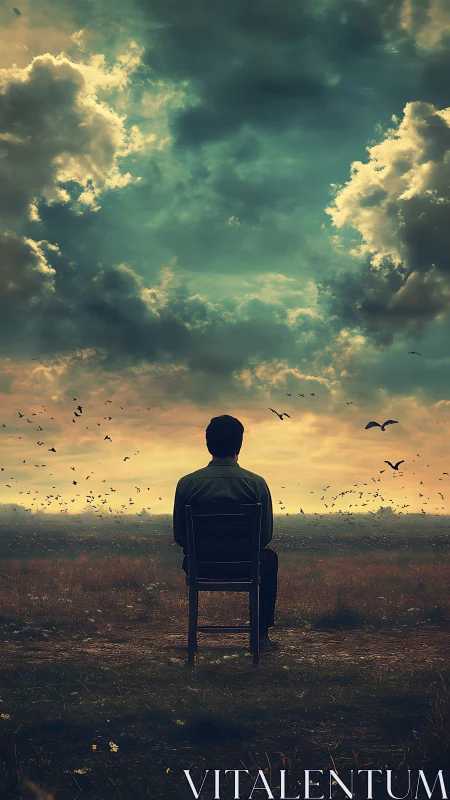 Solitary seated figure observing expansive cloudy sky.