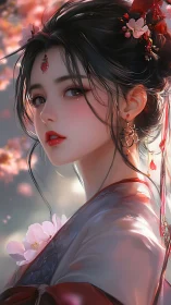 Blossom-veiled maiden gazes through drifting spring light.