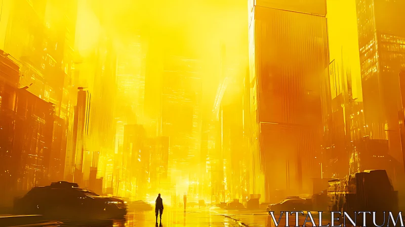 Solitary figure stands in dense yellow high-rise cityscape