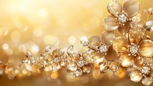 Golden floral jewelry motif with diamond-like blossoms.