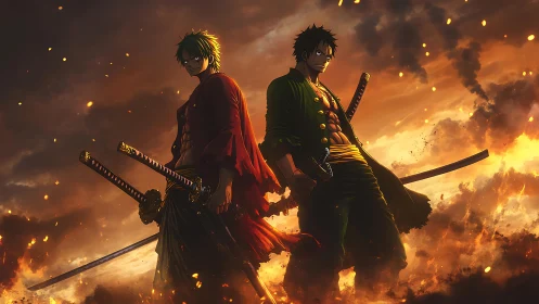 Dual anime swordsmen stand amid burning storm sky.