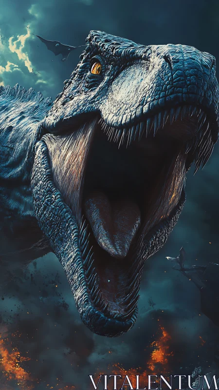 Roaring dinosaur lunges forward through stormlit inferno