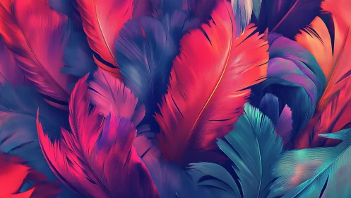 Iridescent feathers flow in vibrant red and teal hues.