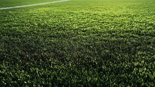 Photorealistic sports turf close-up with directional sunlight.