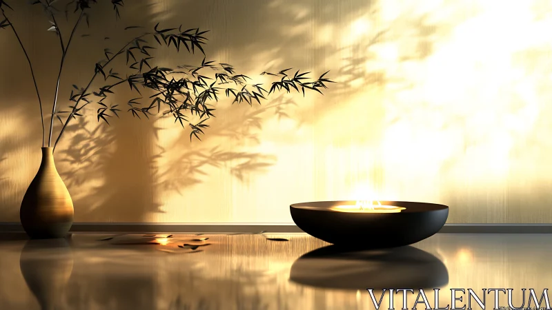 Zen candle bowl rests beside bamboo shadows on golden wall.
