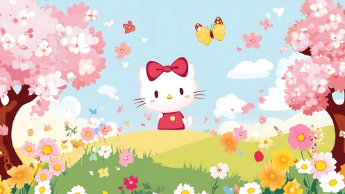 Minimal-line cat character centered in stylized pastel spring landscape