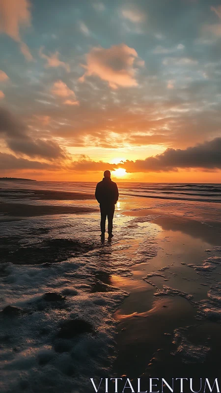 Silhouetted person on wet beach observing coastal sunset.