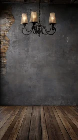 Worn chandelier in rustic room with cracked concrete wall.