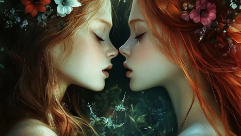 Twin floral muses in ethereal mirrored profile embrace.