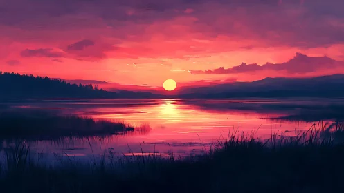 Golden sun settles gently over a tranquil pink lakeshore