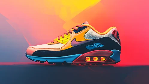 Gradient-lit athletic sneaker rendered with high-contrast neon color blocking