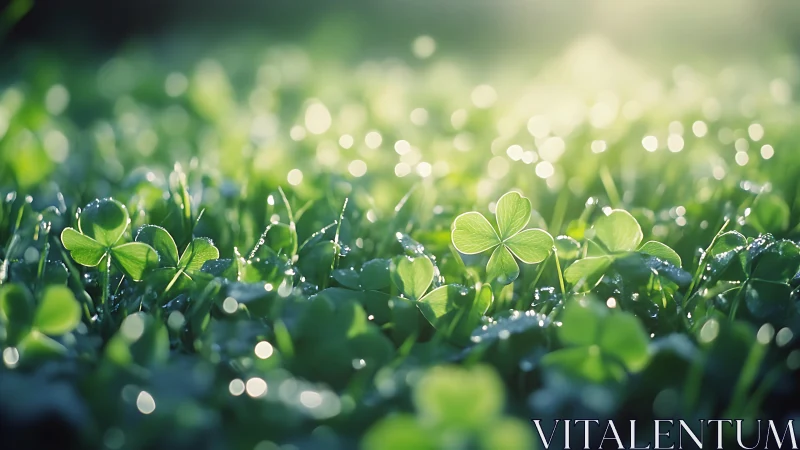 Low-angle view shows clover leaves with dew in soft focus
