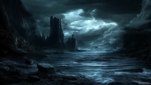 Stormlit obsidian cliffs brood over a restless midnight sea