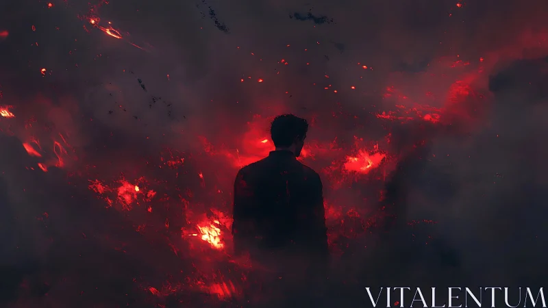 Silhouetted figure in red infernal haze employs chiaroscuro depth