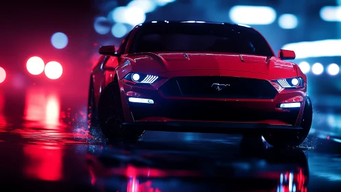 Scarlet muscle car prowls neon streets in electric rain.