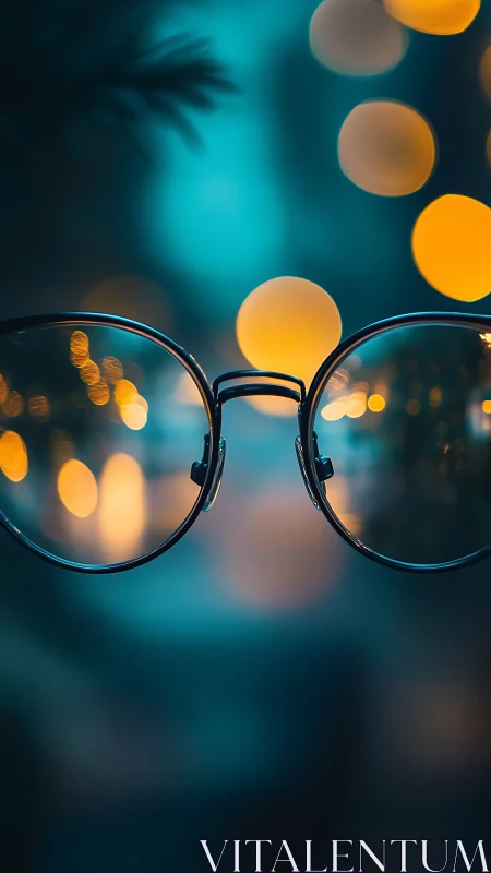 Round glasses isolate sharp bokeh lights in teal haze