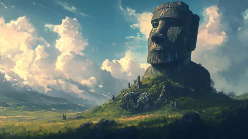 Stone head monument dominates grassy landscape under clouds