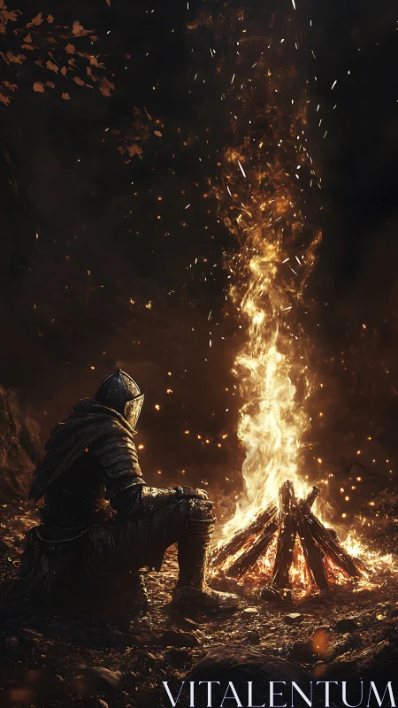 Armored Knight Contemplates Roaring Inferno in Darkness.