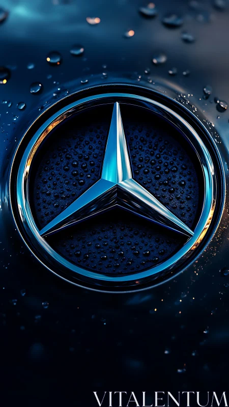 Photorealistic chrome automotive emblem with water droplets.