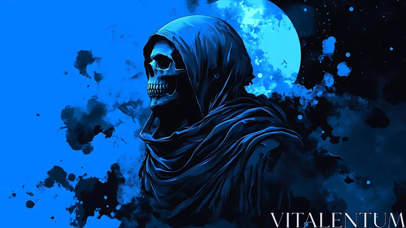 Hooded skeletal reaper stands before luminous blue moon