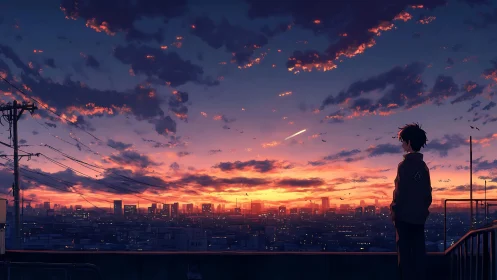 Rooftop figure observing urban skyline under sunset sky.