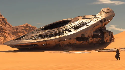 Desert wanderer discovers a silent starship resting in sand