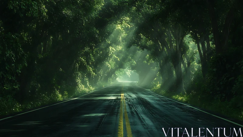 Sunlit Forest Canopy Road with Atmospheric Light Rays and Wet Asphalt