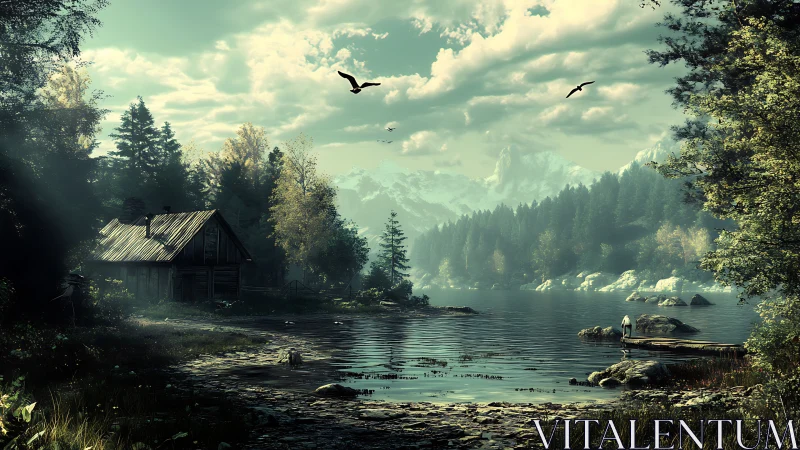 Lakeside cabin stands beside calm forest water at sunrise