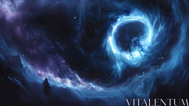 Celestial maelstrom coils above icy spectral peaks in starlight.