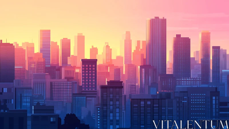 Sunlit gradient skyline over layered modern cityscape.