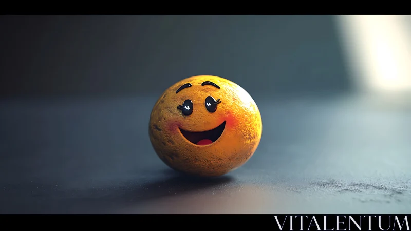 3D character orange with emotive face on cinematic surface.