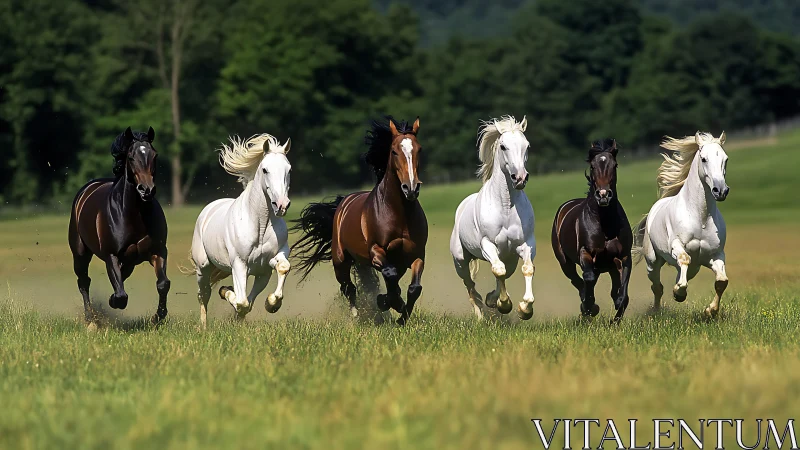 Galloping chorus of horses racing across wild green meadows.