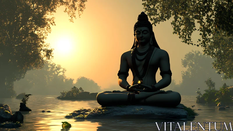 Meditating Buddha statue beside river at misty sunrise.