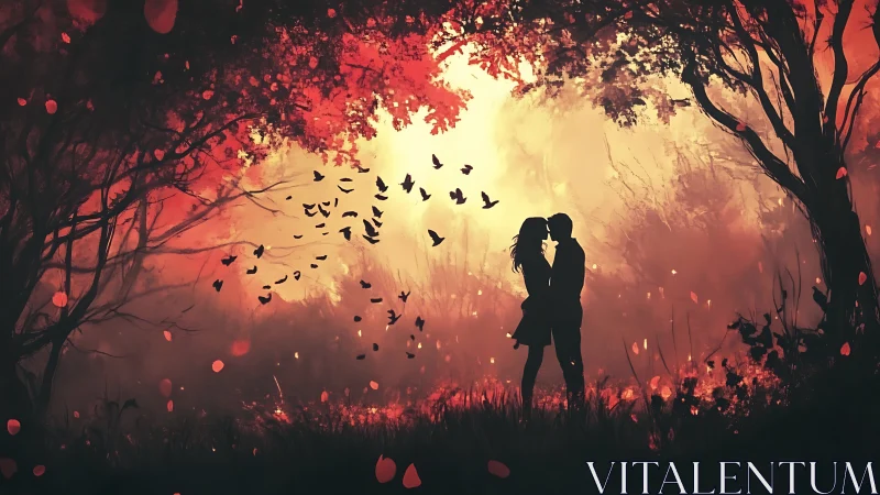 Silhouetted Embrace Beneath Crimson Canopy of Flight.
