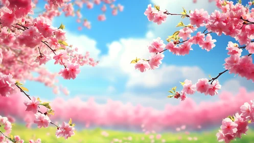 Pink Cherry Blossoms Against Blue Sky with Green Field