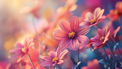 Cosmos flowers render with warm bokeh and macro focal depth