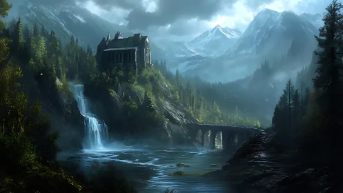 Mountain monastery overlooks misty river and waterfall.