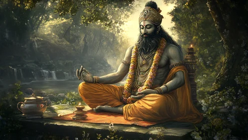 Meditating robed figure in forest beside stream in daylight.