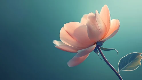 Coral Pink Peony Against Turquoise Background